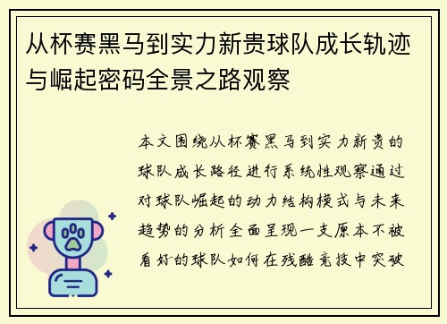 从杯赛黑马到实力新贵球队成长轨迹与崛起密码全景之路观察